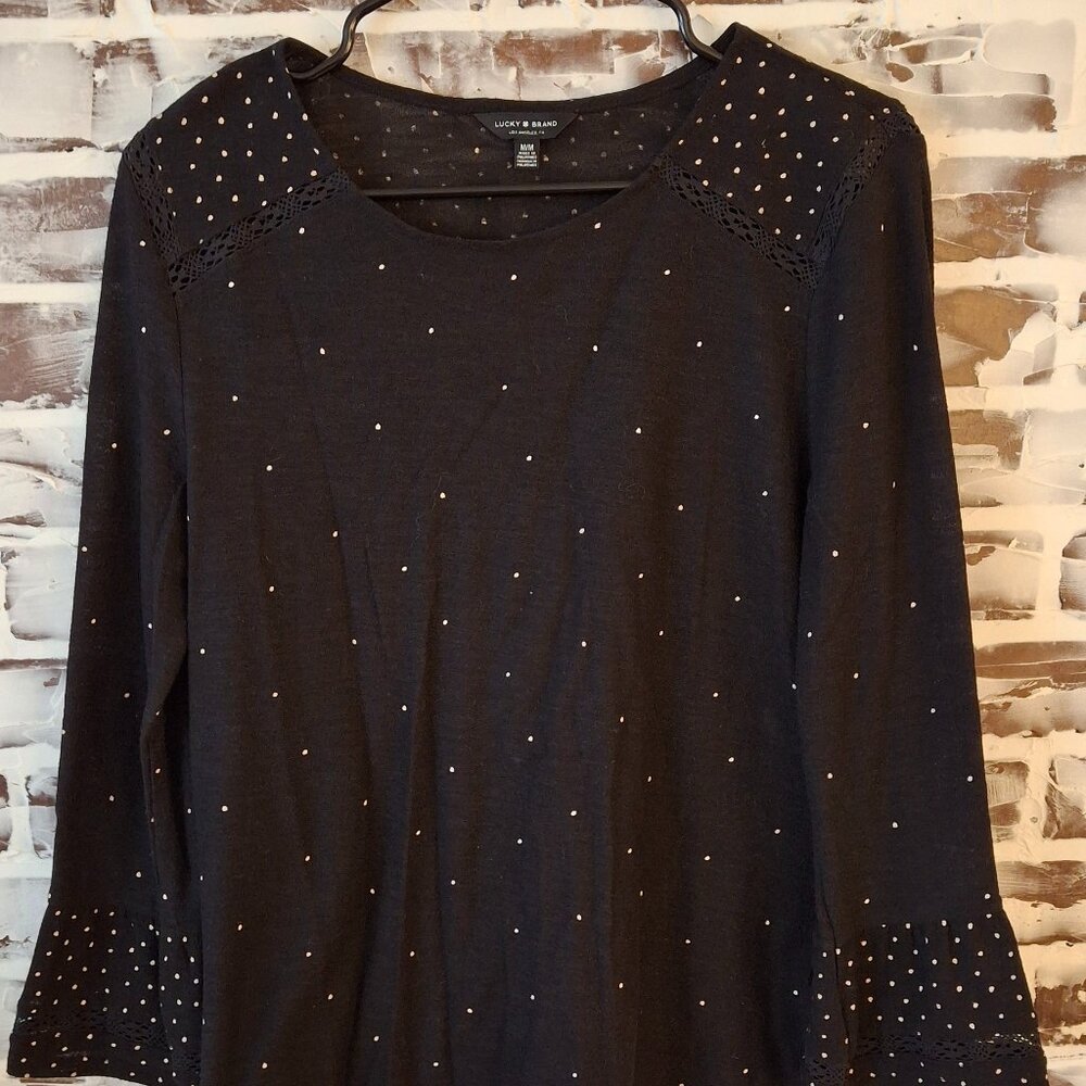 Lucky Brand Medium Top Long Bell Sleeves Black Polka Dots Crochet Accents